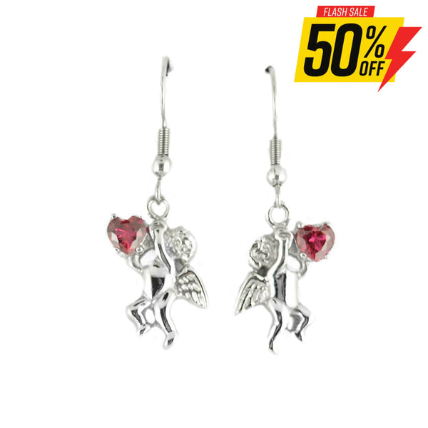 Sk1466 Cherub Angel Earrings Imitation Ruby Heart Shape Stones French Wire Stainless Steel