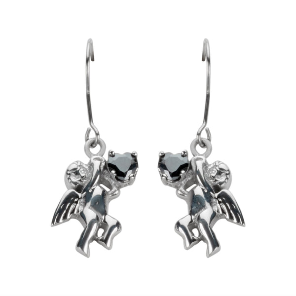 Sk1472 Cherub Angel Earrings Black Heart Shape Stones French Wire Stainless Steel Motorcycle Biker
