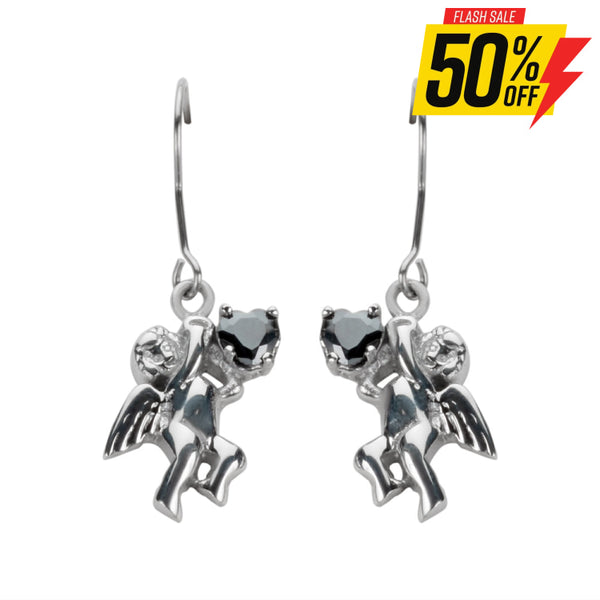 Sk1472 Cherub Angel Earrings Black Heart Shape Stones French Wire Stainless Steel Motorcycle Biker