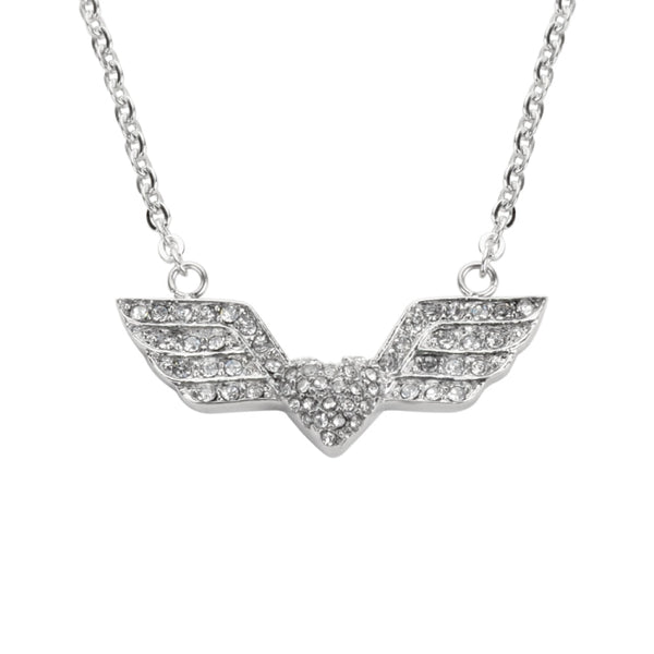 Sk1505 Ladies Double Angel Wing Heart Crystal Necklace 19 3/16 Wide Stainless Steel Motorcycle