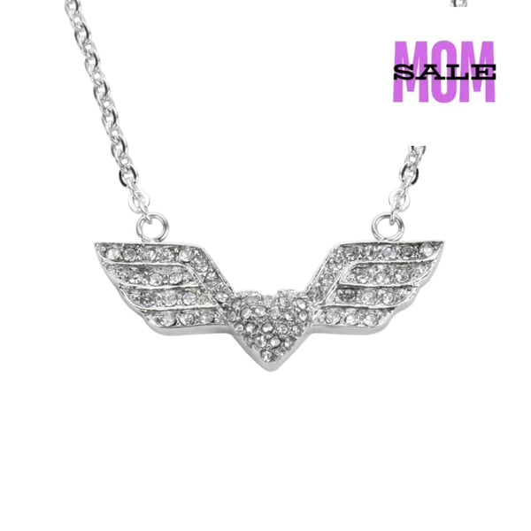 Sk1505 Ladies Double Angel Wing Heart Crystal Necklace 19 3/16 Wide Stainless Steel Motorcycle