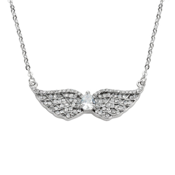 Sk1507 Ladies Double Angel Wing Crystal Pear Shaped Center Stone Necklace 19 1 1/2 Wide Stainless