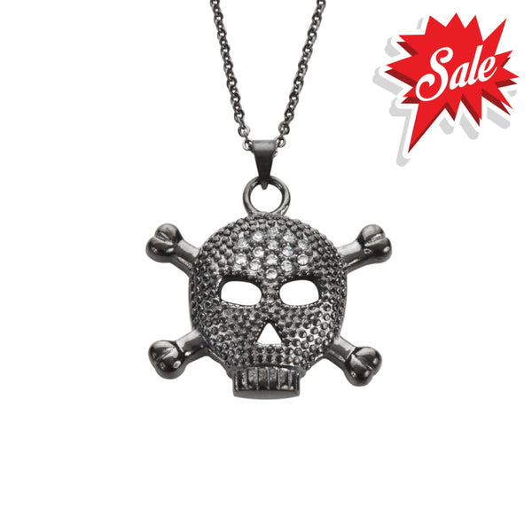 Sk1528 Ladies Big Black Skull Bones Crystal Bling Necklace 19 1 Tall Stainless Steel Motorcycle