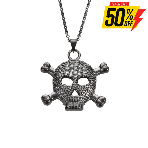 Sk1528 Ladies Big Black Skull Bones Crystal Bling Necklace 19 1 Tall Stainless Steel Motorcycle