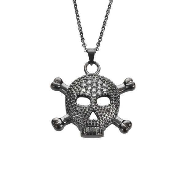 Sk1528 Ladies Big Black Skull Bones Crystal Bling Necklace 19 1 Tall Stainless Steel Motorcycle