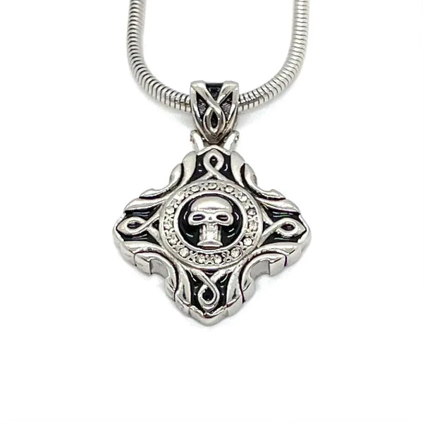 Sk1534 Skull Crystal Bling Pendant 16.5’’ Necklace Wide Stainless Steel Motorcycle Jewelry