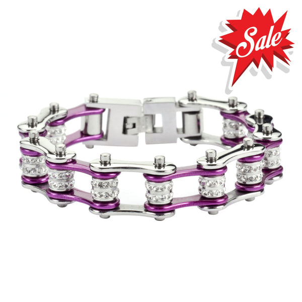 Sk1603 1/2’’ Wide Silver Candy Purple Double Crystal Rollers Stainless Steel Motorcycle Bike