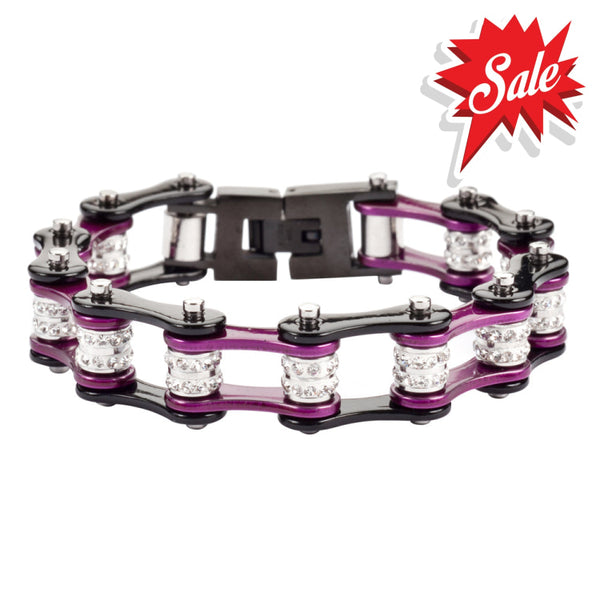 Sk1609 1/2’’ Wide Black Candy Purple Double Crystal Rollers Stainless Steel Motorcycle Bike