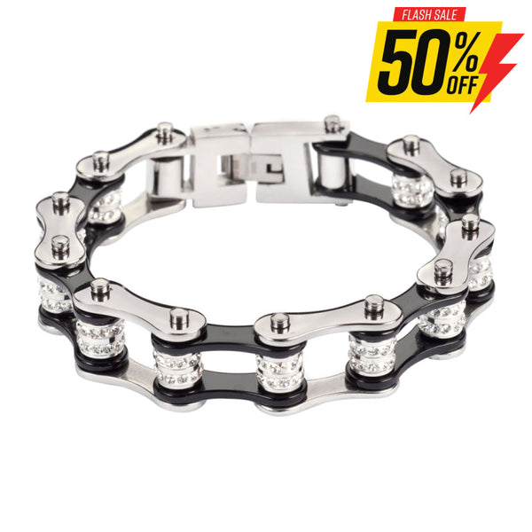 Sk1616 1/2’’ Wide Silver Black Double Crystal Rollers Stainless Steel Motorcycle Bike Chain