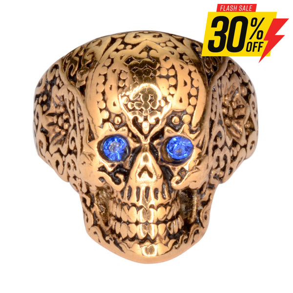 Sk1772 Ladies Blue Eyed Tribal Tattoo Skull Ring Gold Edition Stainless Steel Motorcycle Jewelry