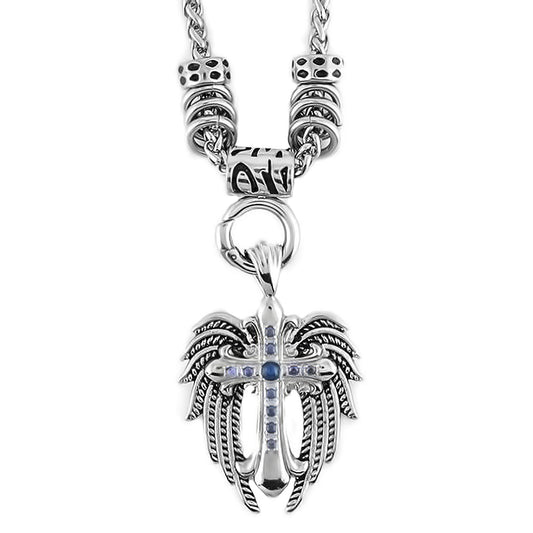 Sk1777Blu Stainless Steel Ladies Angel Wing & Cross Blue Bling Pendant With 4Mm Foxtail Necklace