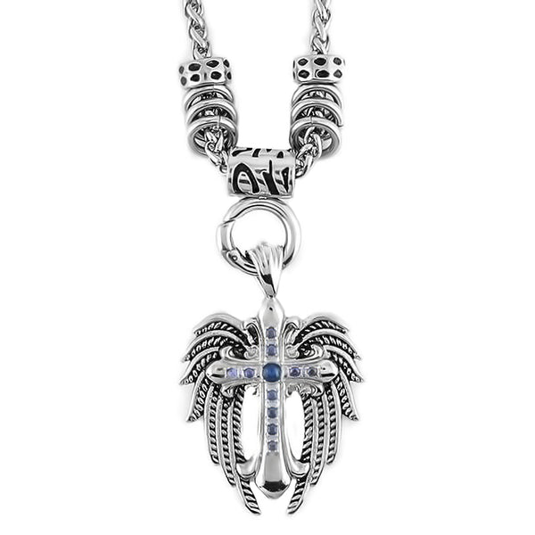 Sk1777Blu Stainless Steel Ladies Angel Wing & Cross Blue Bling Pendant With 4Mm Foxtail Necklace