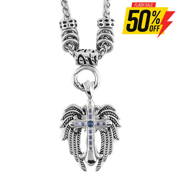 Sk1777Blu Stainless Steel Ladies Angel Wing & Cross Blue Bling Pendant With 4Mm Foxtail Necklace