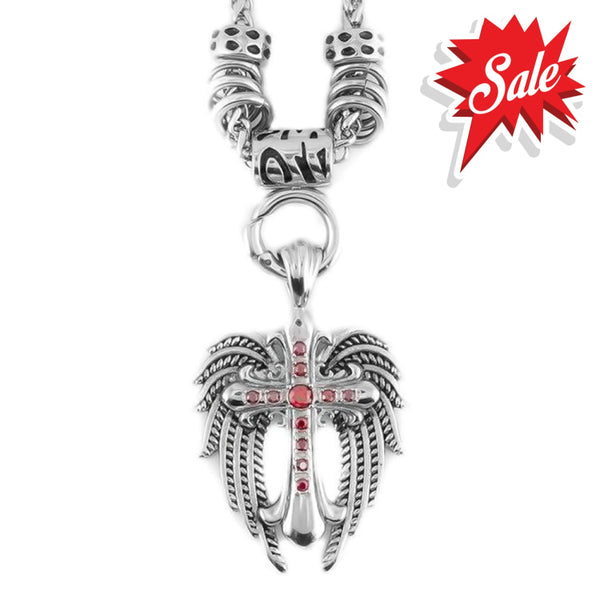 Sk1777Red Ladies Angel Wing & Cross Red Bling Pendant With 4Mm Foxtail Necklace 19’’ Stainless Steel