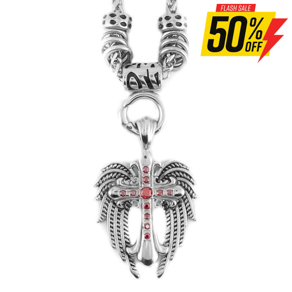 Sk1777Red Ladies Angel Wing & Cross Red Bling Pendant With 4Mm Foxtail Necklace 19’’ Stainless Steel