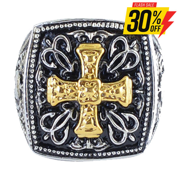 Sk1782 Gents Gold Edition Greek Cross Ring Stainless Steel Motorcycle Jewelry Size 9-15 Rings