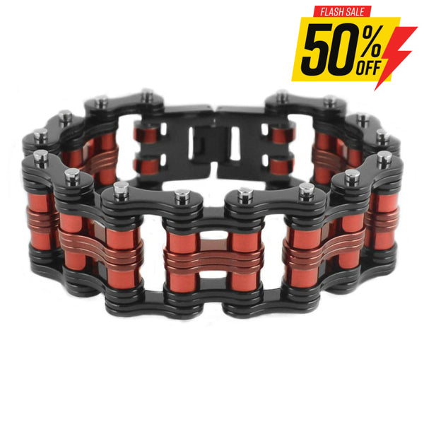 Sk1813 Two Tone Black Red Rollers 1’ Wide Unisex Stainless Steel Motorcycle Chain Bracelet