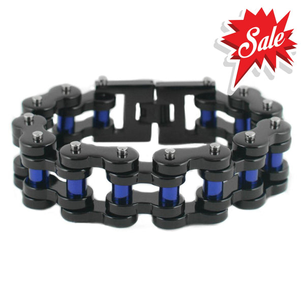 Sk1816 1’’ Wide Black With Blue Rollers Thick Link Men’s Stainless Steel Motorcycle Chain