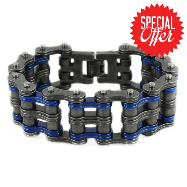 Sk1823 1’’ Wide Two Tone Distressed Finish Candy Blue Links Unisex Stainless Steel Motorcycle