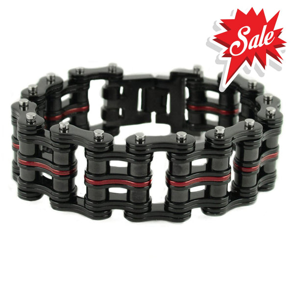 Sk1825 Black Red Link 1’’ Wide Unisex Stainless Steel Motorcycle Chain Bracelet