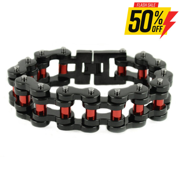 Sk1826 1’’ Wide Black With Red Rollers Thick Stainless Steel Motorcycle Chain Bracelet Men’s