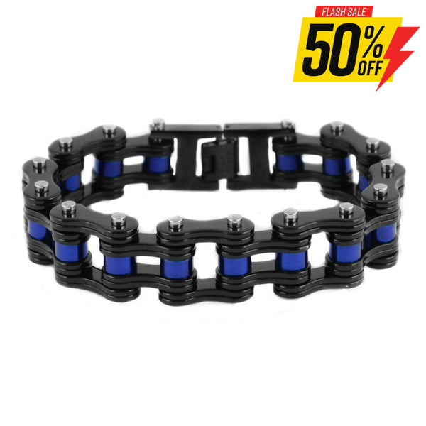 Sk1827 3/4’ Wide Black With Blue Rollers Unisex Stainless Steel Motorcycle Chain Bracelet Men’s