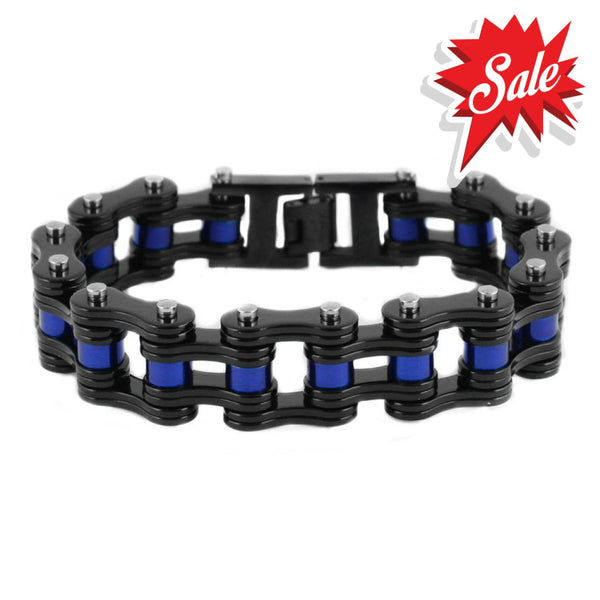 Sk1827 3/4’ Wide Black With Blue Rollers Unisex Stainless Steel Motorcycle Chain Bracelet Men’s