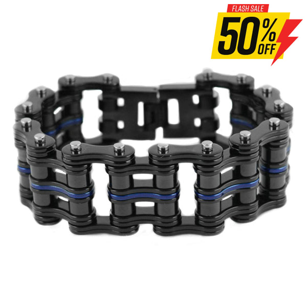 Sk1828 1’’ Wide Black With One Candy Blue Link Unisex Stainless Steel Motorcycle Chain Bracelet