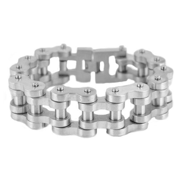 Sk1848 1’’ Wide All Stainless Brushed Finish Thick Link Men’s Steel Motorcycle Chain Bracelet