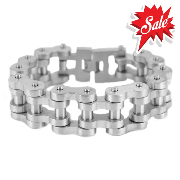 Sk1848 1’’ Wide All Stainless Brushed Finish Thick Link Men’s Steel Motorcycle Chain Bracelet