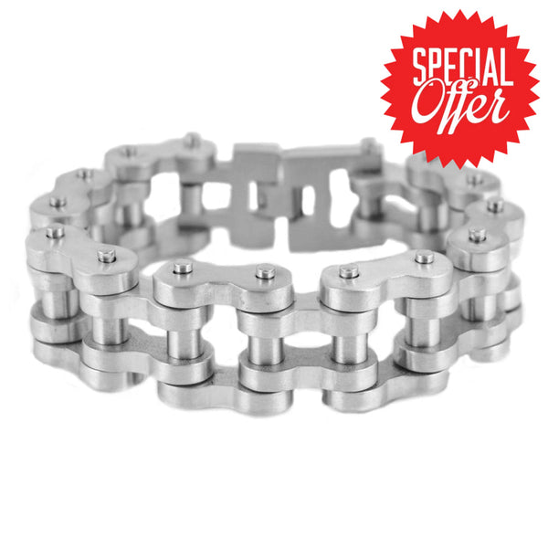 Sk1848 1’’ Wide All Stainless Brushed Finish Thick Link Men’s Steel Motorcycle Chain Bracelet