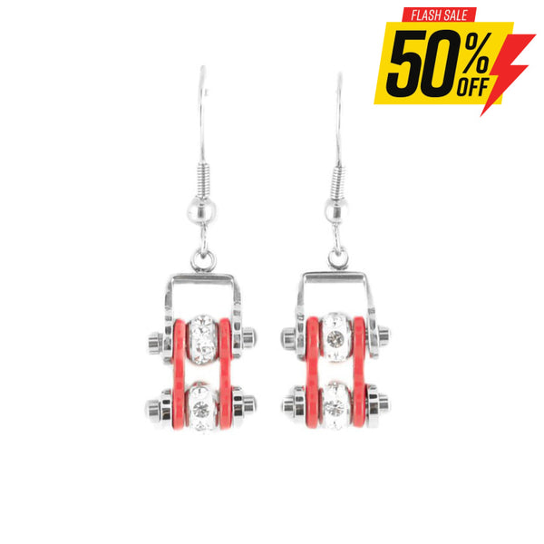 Sk2001E Mini Two Tone Silver Red With Crystal Centers Bike Chain Earrings Stainless Steel