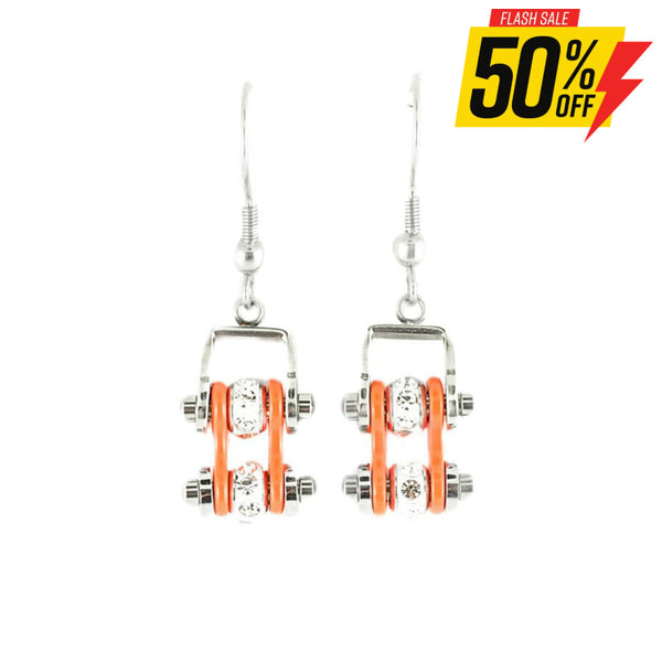 Sk2002E Mini Two Tone Silver Orange With Crystal Centers Bike Chain Earrings Stainless Steel