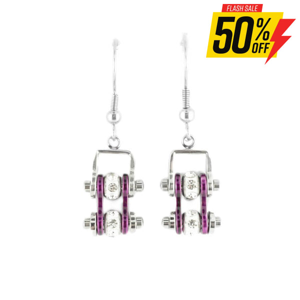 Sk2003E Mini Two Tone Silver Candy Purple With Crystal Centers Bike Chain Earrings Stainless Steel