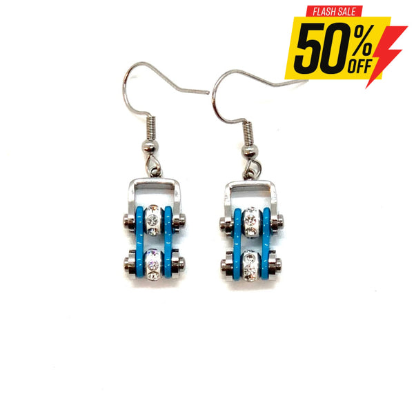 Sk2004E Mini Two Tone Silver Turquoise With Crystal Centers Bike Chain Earrings Stainless Steel