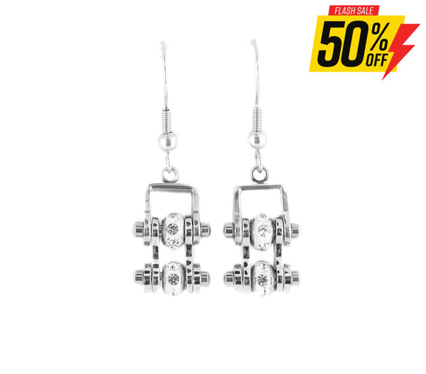 Sk2005E Mini All Silver With Crystal Centers Bike Chain Earrings Stainless Steel Motorcycle Biker