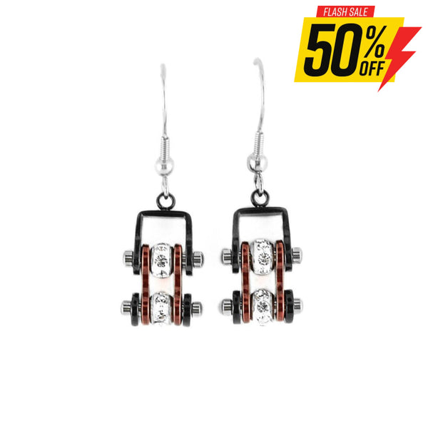 Sk2006E Mini Two Tone Black Candy Red With Crystal Centers Bike Chain Earrings Stainless Steel