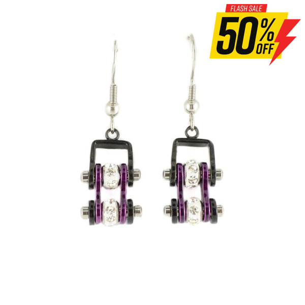 Sk2009E Mini Two Tone Black Candy Purple With Crystal Centers Bike Chain Earrings Stainless Steel