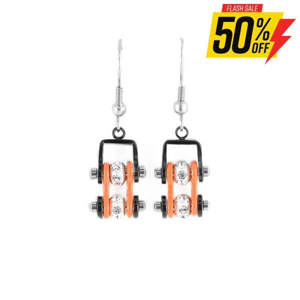 Sk2012E Mini Two Tone Black Orange With Crystal Centers Bike Chain Earrings Stainless Steel