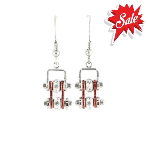 Sk2014E Mini Two Tone Silver Candy Red With Crystal Centers Bike Chain Earrings Stainless Steel