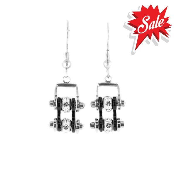 Sk2016E Mini Two Tone Silver Black With Crystal Centers Bike Chain Earrings Stainless Steel