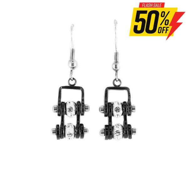 Sk2017E Mini All Black With Crystal Centers Bike Chain Earrings Stainless Steel Motorcycle Biker