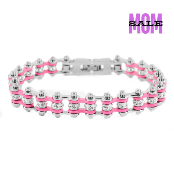 Sk2018 3/8’ Wide Mini Size Two Tone Silver Pink With White Crystal Centers Stainless Steel