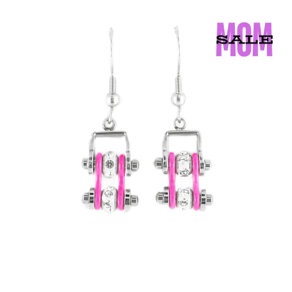Sk2018E Mini Two Tone Silver Pink With Crystal Centers Bike Chain Earrings Stainless Steel