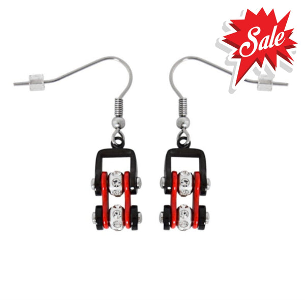 Sk2019E Mini Size Earrings Two Tone Black Red With White Crystal Centers Stainless Steel Motorcycle