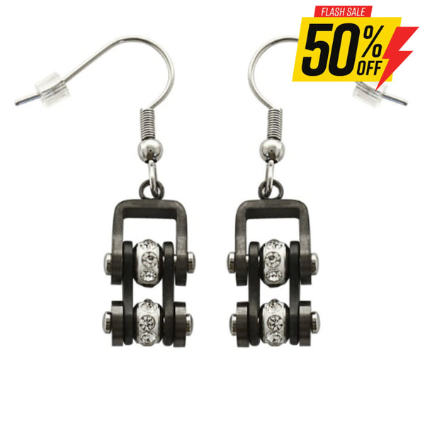 Sk2020E Gunmetal Silver Crystal Centers Bike Chain Earrings Stainless Steel Motorcycle Biker Jewelry