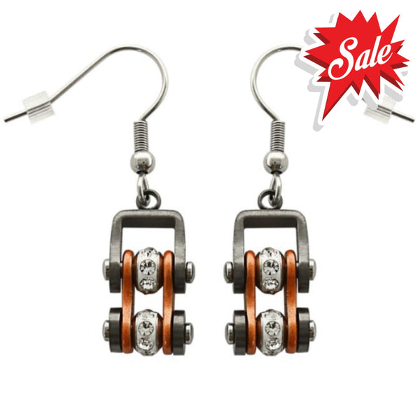 Sk2022E Gunmetal/Beryllium Orange Silver Crystal Centers Bike Chain Earrings Stainless Steel