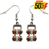 Sk2022E Gunmetal/Beryllium Orange Silver Crystal Centers Bike Chain Earrings Stainless Steel