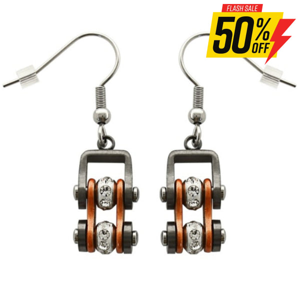 Sk2022E Gunmetal/Beryllium Orange Silver Crystal Centers Bike Chain Earrings Stainless Steel