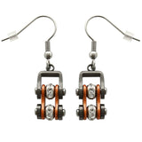 Sk2022E Gunmetal/Beryllium Orange Silver Crystal Centers Bike Chain Earrings Stainless Steel